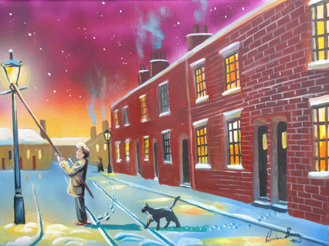 Lamplighter in winter painting