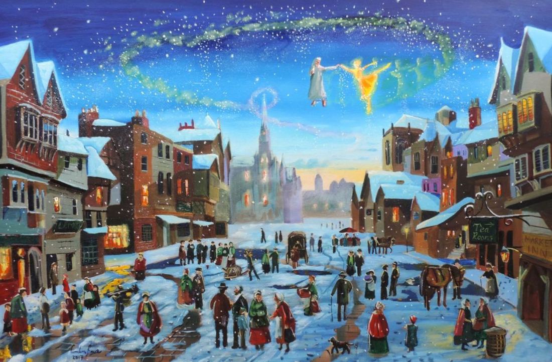 Original large oil painting of a Christmas Carol featuring Scrooge. A busy winter street scene.