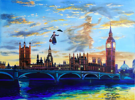 This artwork of Mary Poppins titled “Mary Poppins returns to London” is an oil painting on stretched canvas. Mary is Flying over the Thames with the Houses of Parliament in the background. As the sun sets the clouds appear as a silhouette of Mary.