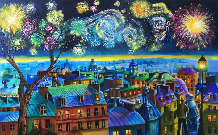 Van Gogh and the Starry night is the inspiration for this painting titled “Van Gogh in Paris”. In this interpretation, he is visualising his painting in the fireworks over the Paris rooftops. This is a large canvas that measures 48 inches by 30 inches and 1.5 inches deep. It comes stretched on wooden bars.